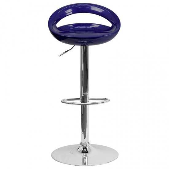 Contemporary Blue Plastic Adjustable Height Barstool with Rounded Cutout Back and Chrome Base