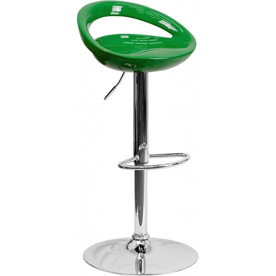 Contemporary Green Plastic Adjustable Height Barstool with Rounded Cutout Back and Chrome Base