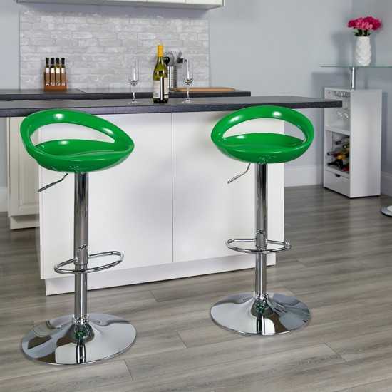 Contemporary Green Plastic Adjustable Height Barstool with Rounded Cutout Back and Chrome Base