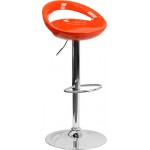 Contemporary Orange Plastic Adjustable Height Barstool with Rounded Cutout Back and Chrome Base