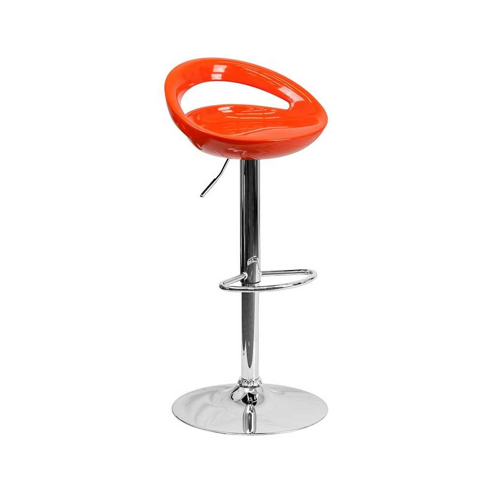 Contemporary Orange Plastic Adjustable Height Barstool with Rounded Cutout Back and Chrome Base