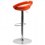 Contemporary Orange Plastic Adjustable Height Barstool with Rounded Cutout Back and Chrome Base