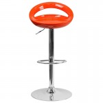 Contemporary Orange Plastic Adjustable Height Barstool with Rounded Cutout Back and Chrome Base