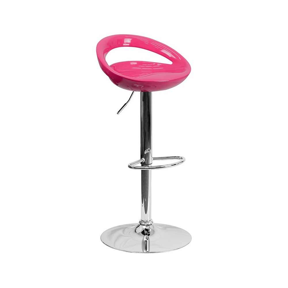 Contemporary Pink Plastic Adjustable Height Barstool with Rounded Cutout Back and Chrome Base