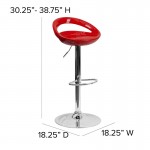 Contemporary Red Plastic Adjustable Height Barstool with Rounded Cutout Back and Chrome Base