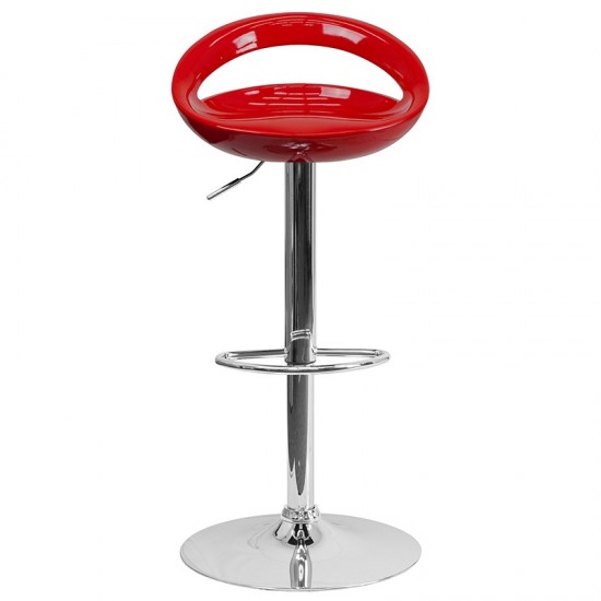 Contemporary Red Plastic Adjustable Height Barstool with Rounded Cutout Back and Chrome Base