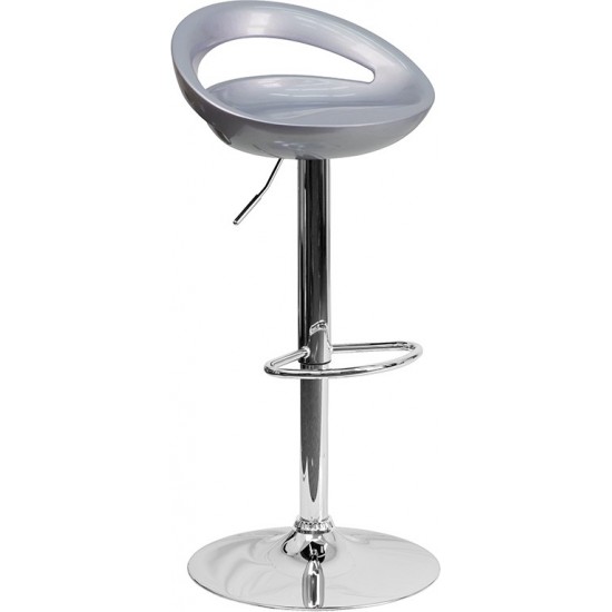 Contemporary Silver Plastic Adjustable Height Barstool with Rounded Cutout Back and Chrome Base