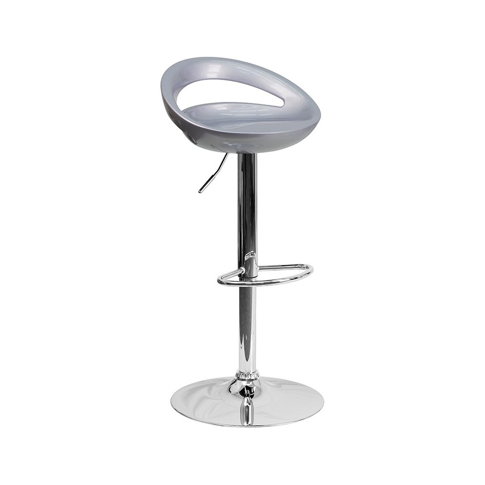 Contemporary Silver Plastic Adjustable Height Barstool with Rounded Cutout Back and Chrome Base