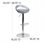 Contemporary Silver Plastic Adjustable Height Barstool with Rounded Cutout Back and Chrome Base