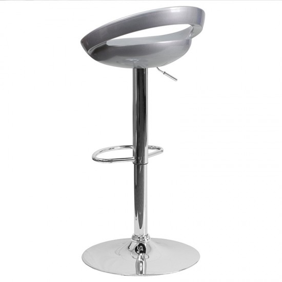 Contemporary Silver Plastic Adjustable Height Barstool with Rounded Cutout Back and Chrome Base