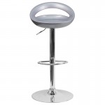 Contemporary Silver Plastic Adjustable Height Barstool with Rounded Cutout Back and Chrome Base