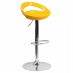 Contemporary Yellow Plastic Adjustable Height Barstool with Rounded Cutout Back and Chrome Base