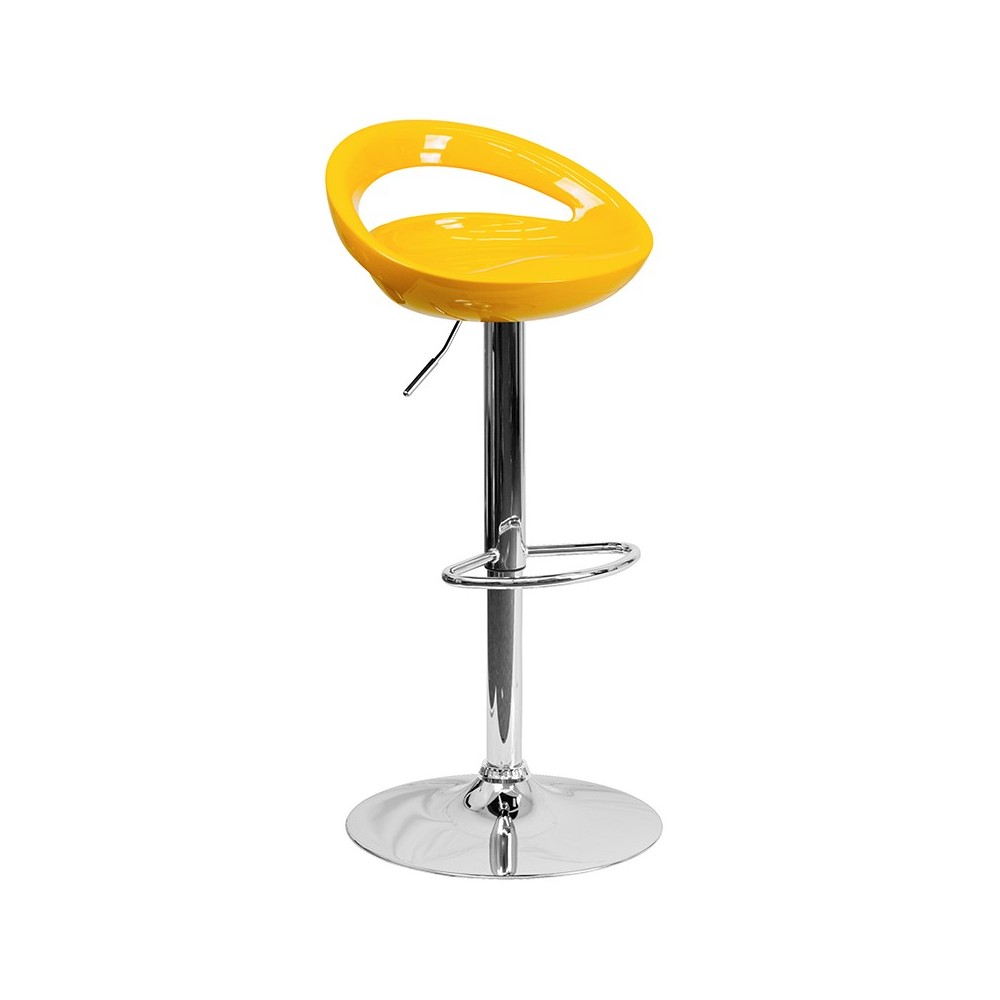 Contemporary Yellow Plastic Adjustable Height Barstool with Rounded Cutout Back and Chrome Base