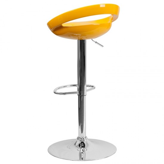 Contemporary Yellow Plastic Adjustable Height Barstool with Rounded Cutout Back and Chrome Base