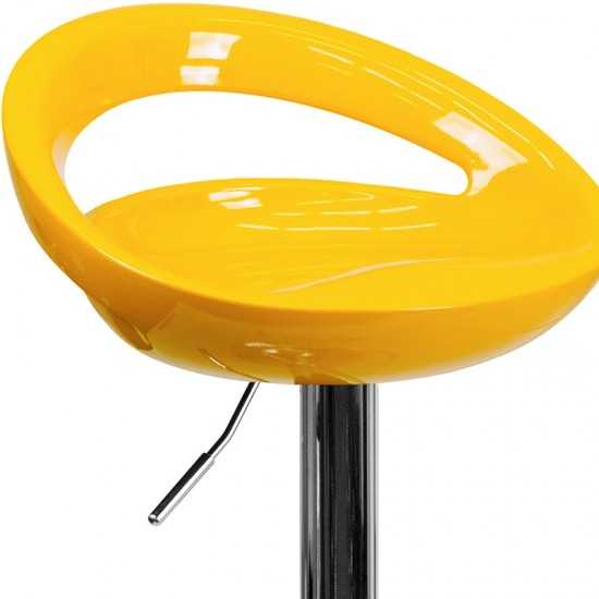 Contemporary Yellow Plastic Adjustable Height Barstool with Rounded Cutout Back and Chrome Base