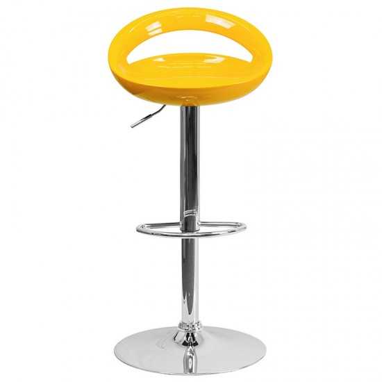 Contemporary Yellow Plastic Adjustable Height Barstool with Rounded Cutout Back and Chrome Base