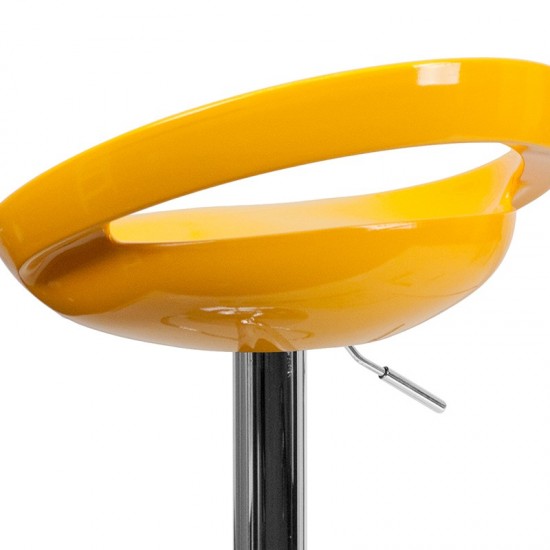 Contemporary Yellow Plastic Adjustable Height Barstool with Rounded Cutout Back and Chrome Base