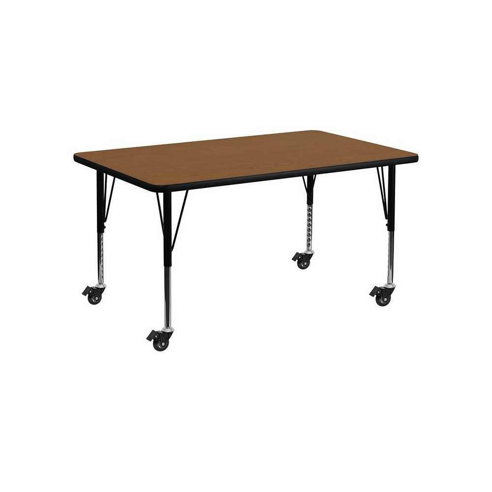 Mobile 24''W x 48''L Rectangular Oak HP Laminate Activity Table - Height Adjustable Short Legs