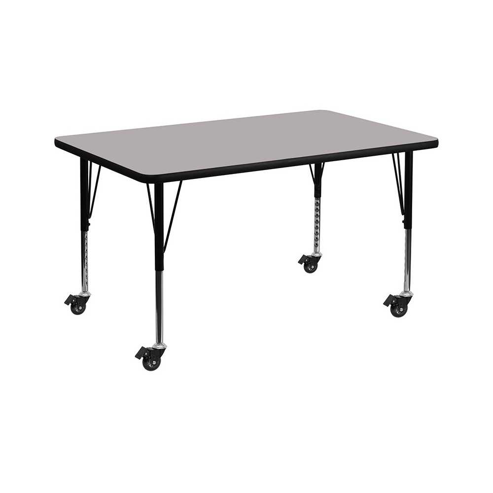 Mobile 24''W x 48''L Rectangular Grey Thermal Laminate Activity Table - Height Adjustable Short Legs