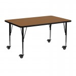 Mobile 24''W x 48''L Rectangular Oak Thermal Laminate Activity Table - Height Adjustable Short Legs