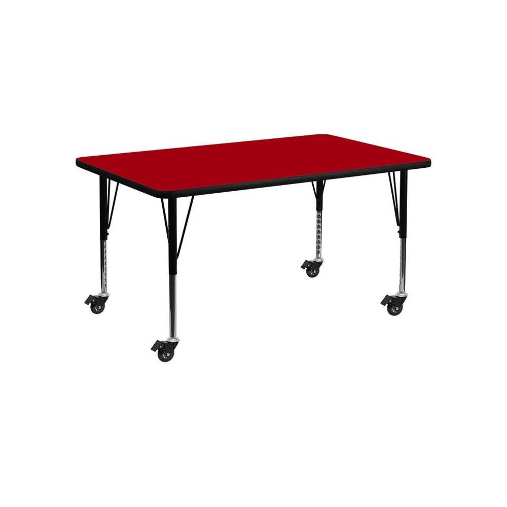 Mobile 24''W x 48''L Rectangular Red Thermal Laminate Activity Table - Height Adjustable Short Legs