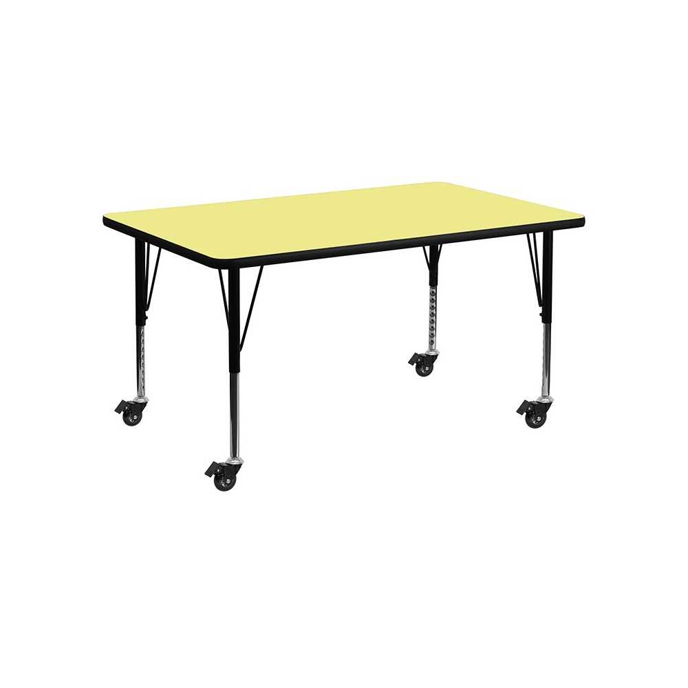 Mobile 24''W x 48''L Rectangular Yellow Thermal Laminate Activity Table - Height Adjustable Short Legs