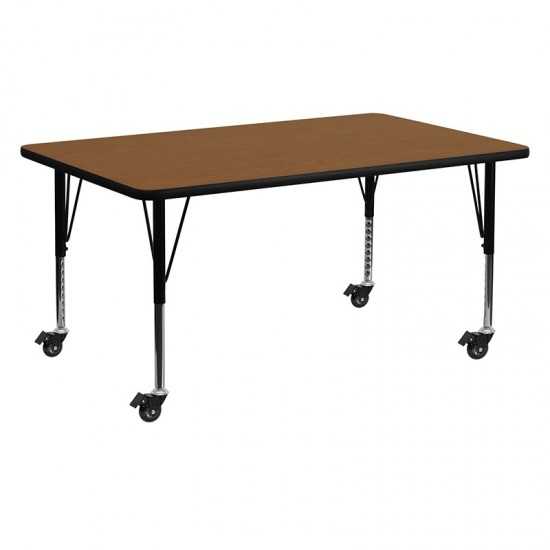 Mobile 24''W x 60''L Rectangular Oak HP Laminate Activity Table - Height Adjustable Short Legs