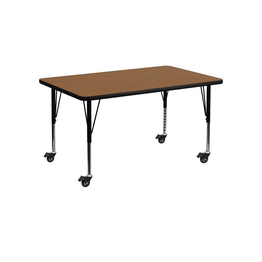 Mobile 30''W x 48''L Rectangular Oak Thermal Laminate Activity Table - Height Adjustable Short Legs