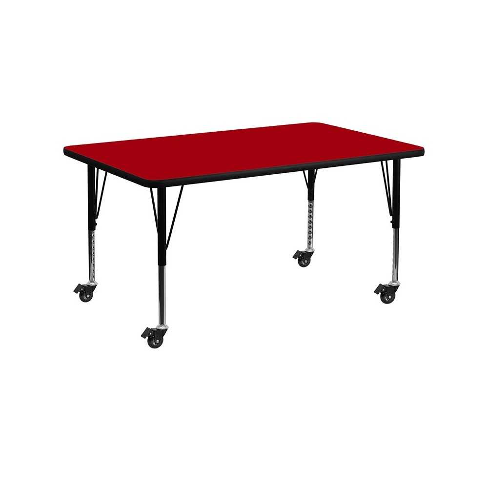 Mobile 30''W x 60''L Rectangular Red Thermal Laminate Activity Table - Height Adjustable Short Legs