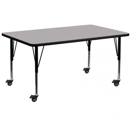 Mobile 30''W x 72''L Rectangular Grey Thermal Laminate Activity Table - Height Adjustable Short Legs