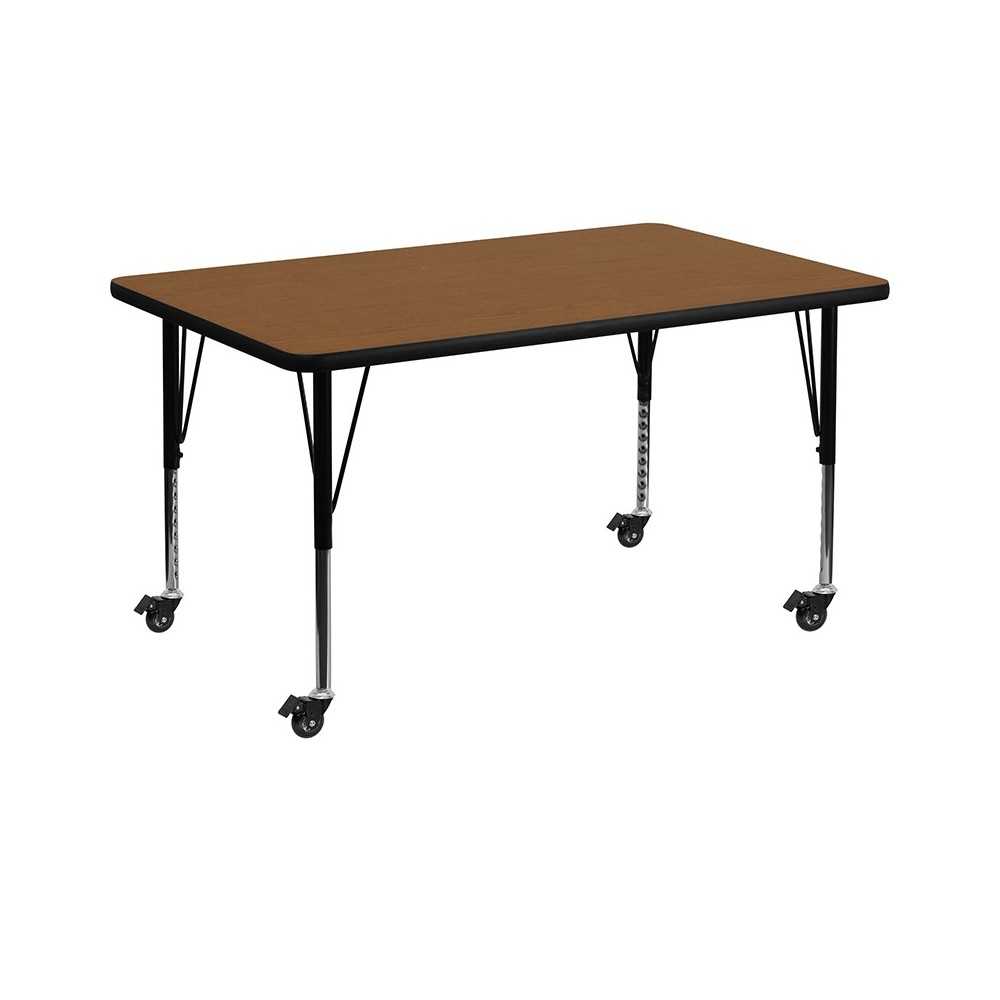 Mobile 36''W x 72''L Rectangular Oak HP Laminate Activity Table - Height Adjustable Short Legs