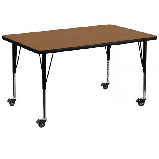 Mobile 36''W x 72''L Rectangular Oak Thermal Laminate Activity Table - Height Adjustable Short Legs