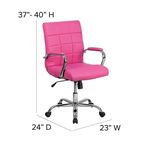 Mid-Back Pink Vinyl Executive Swivel Office Chair with Chrome Base and Arms