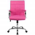 Mid-Back Pink Vinyl Executive Swivel Office Chair with Chrome Base and Arms