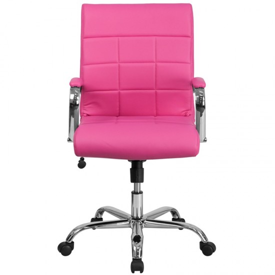 Mid-Back Pink Vinyl Executive Swivel Office Chair with Chrome Base and Arms