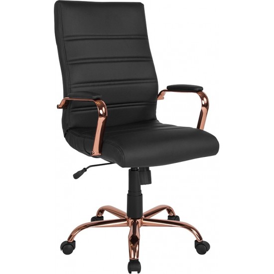 High Back Black LeatherSoft Executive Swivel Office Chair with Rose Gold Frame and Arms