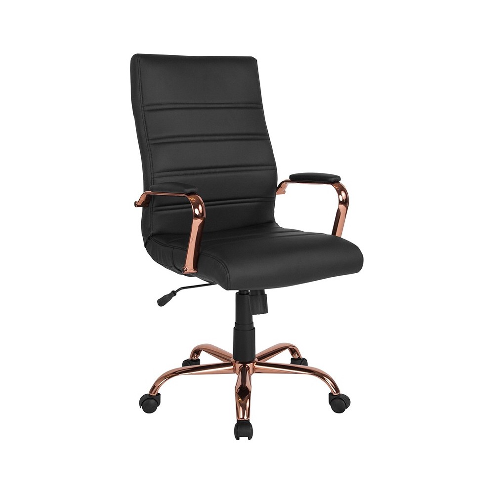 High Back Black LeatherSoft Executive Swivel Office Chair with Rose Gold Frame and Arms