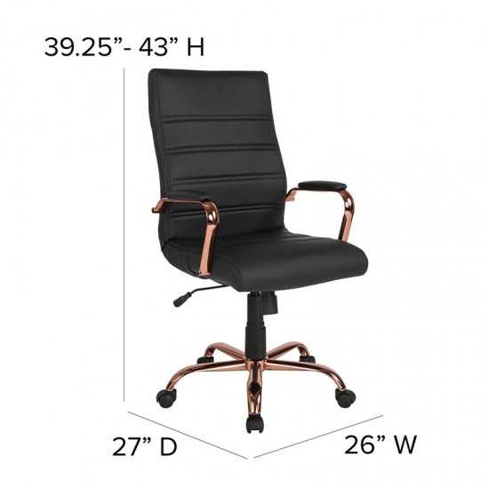 High Back Black LeatherSoft Executive Swivel Office Chair with Rose Gold Frame and Arms