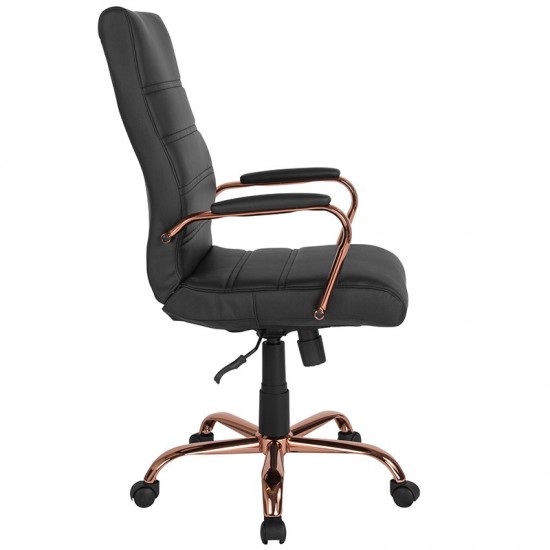 High Back Black LeatherSoft Executive Swivel Office Chair with Rose Gold Frame and Arms