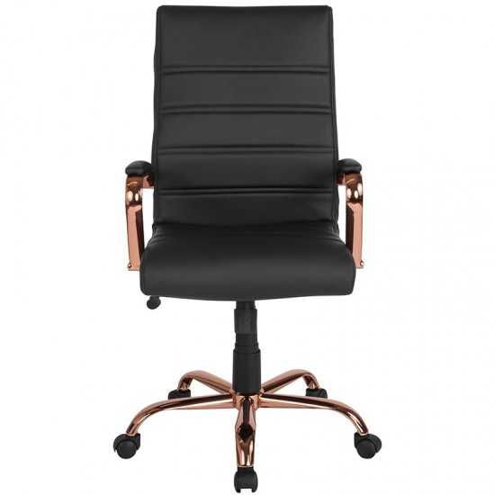 High Back Black LeatherSoft Executive Swivel Office Chair with Rose Gold Frame and Arms