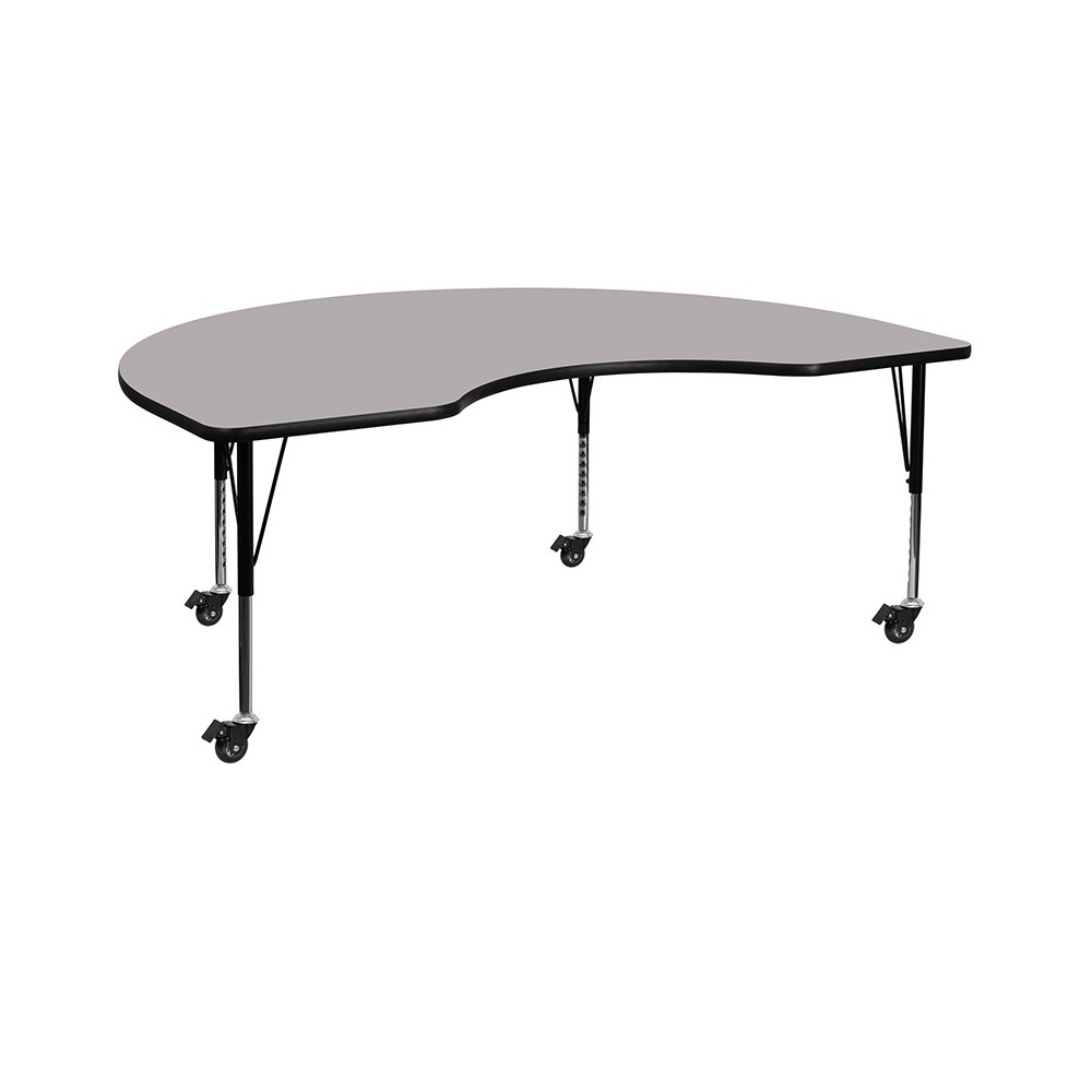 Mobile 48''W x 72''L Kidney Grey Thermal Laminate Activity Table - Height Adjustable Short Legs