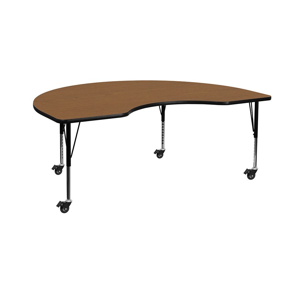 Mobile 48''W x 72''L Kidney Oak Thermal Laminate Activity Table - Height Adjustable Short Legs