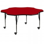 Mobile 60'' Flower Red Thermal Laminate Activity Table - Height Adjustable Short Legs