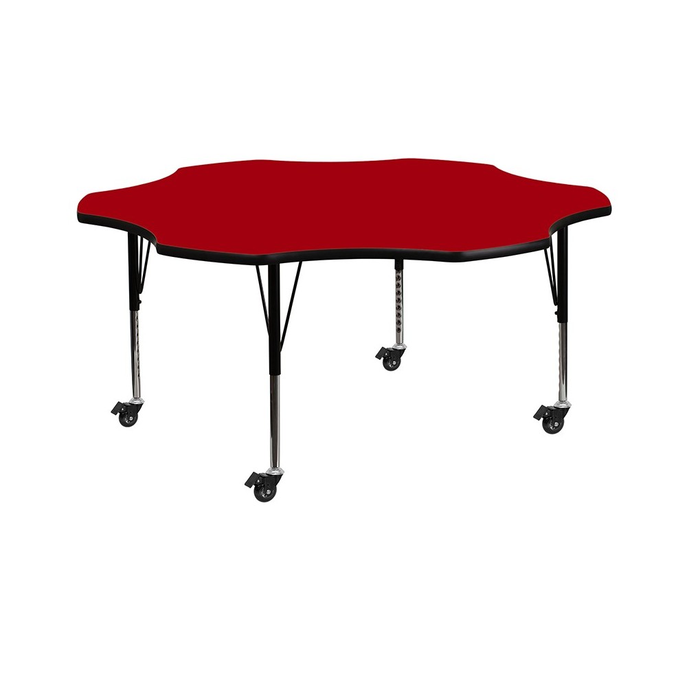 Mobile 60'' Flower Red Thermal Laminate Activity Table - Height Adjustable Short Legs