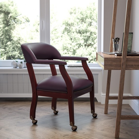 Burgundy LeatherSoft Conference Chair with Accent Nail Trim and Casters