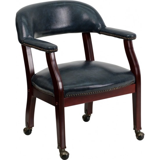 Navy Vinyl Luxurious Conference Chair with Accent Nail Trim and Casters