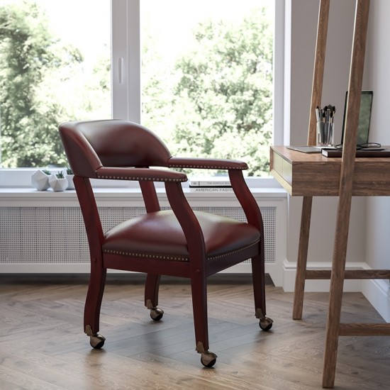 Oxblood Vinyl Luxurious Conference Chair with Accent Nail Trim and Casters