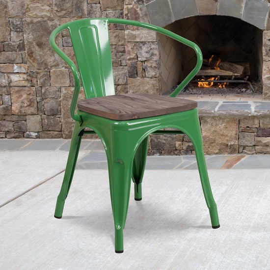 Green Metal Chair with Wood Seat and Arms