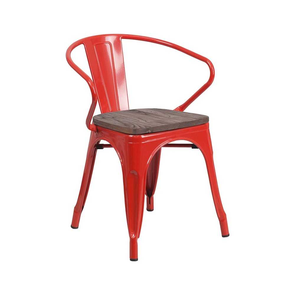 Red Metal Chair with Wood Seat and Arms