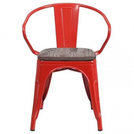 Red Metal Chair with Wood Seat and Arms